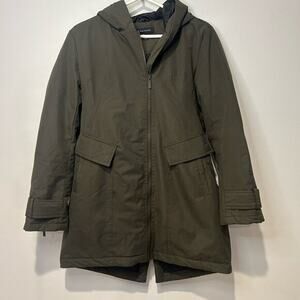 Halogen Womens Hooded Winter Coat Army Green Drawstring Waist Asymmetric Zip‎ S